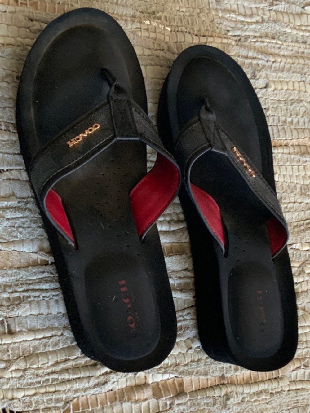 Coach Black Flip Flops with Red Lining and Gold Logo - Picture 4 of 4